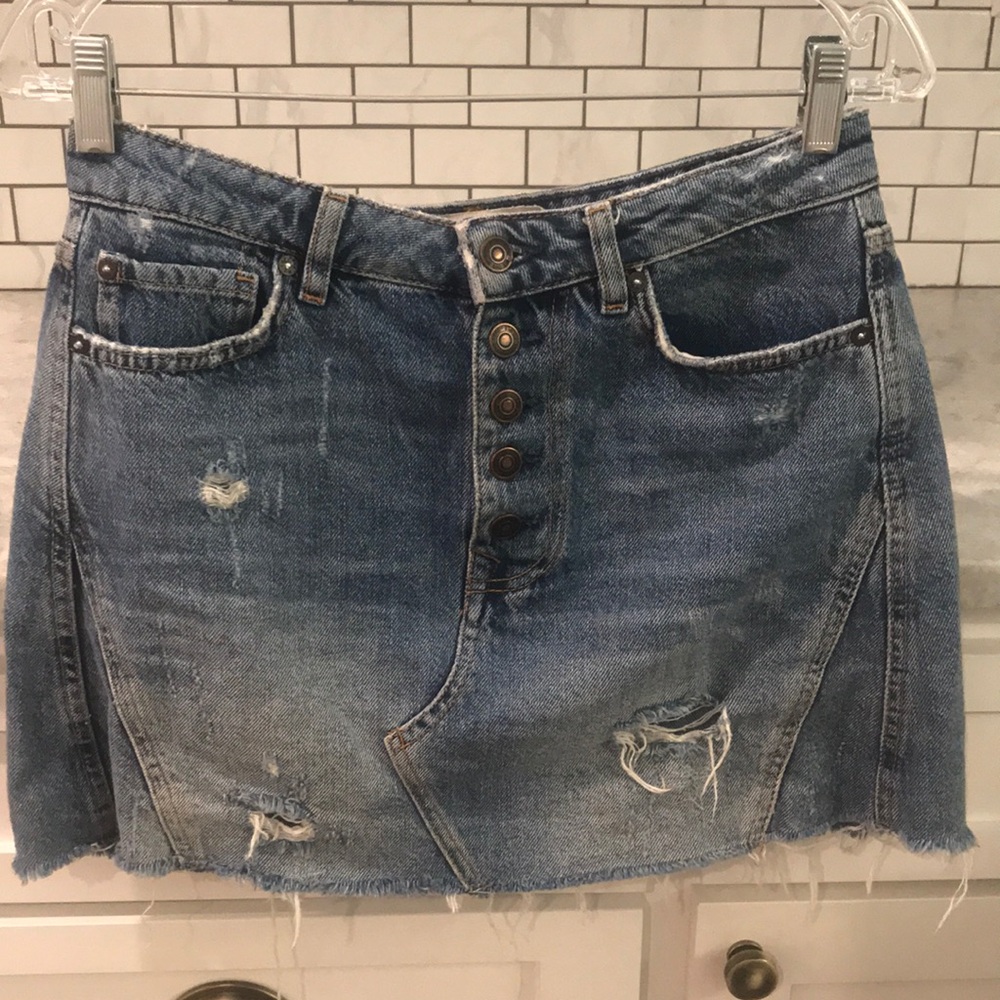We The Free Denim Skirt Womens 28 Blue Jean Raw Hem Destructed Free People Boho